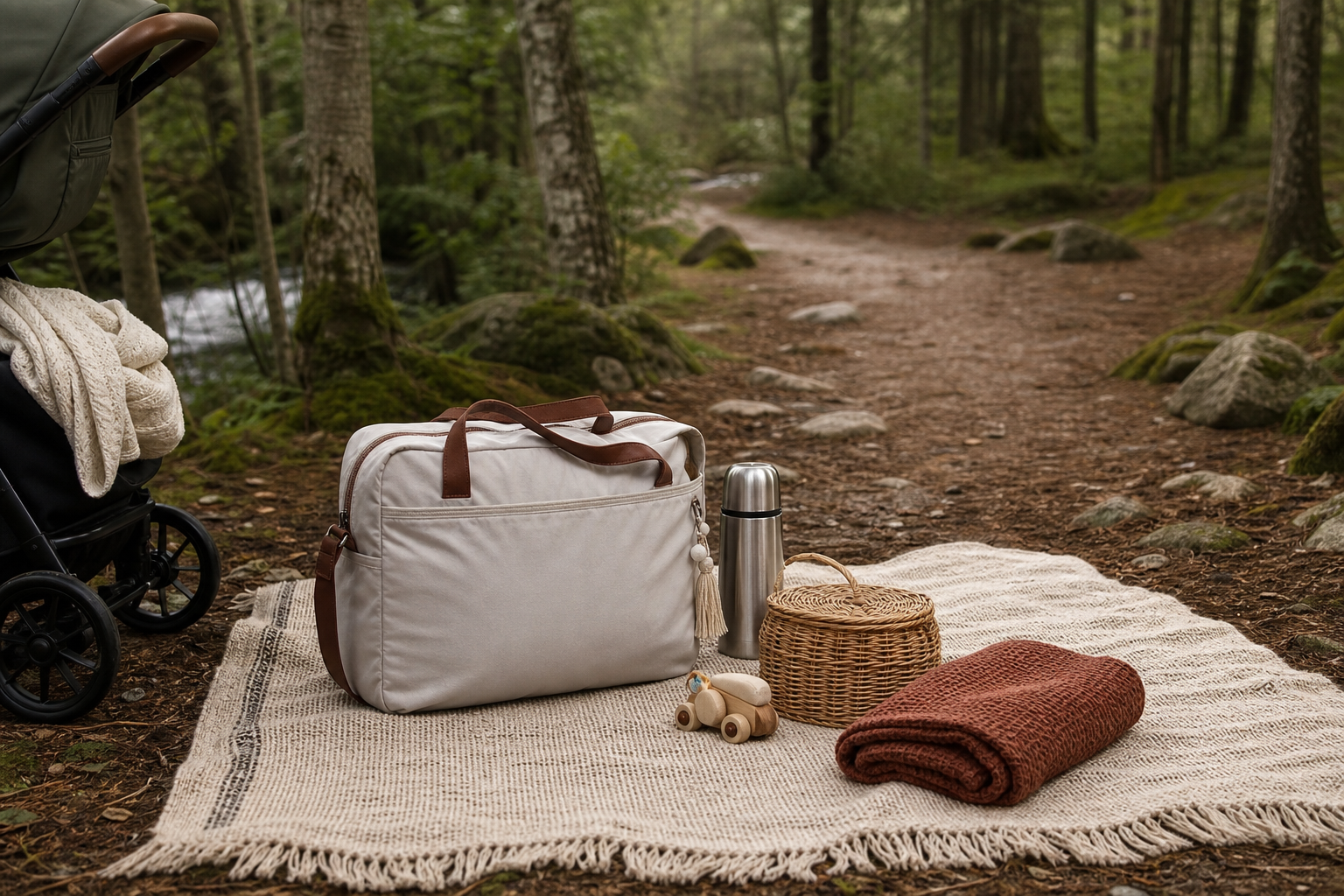 A family picnic setup beside a forest path with a blanket and baby travel bag