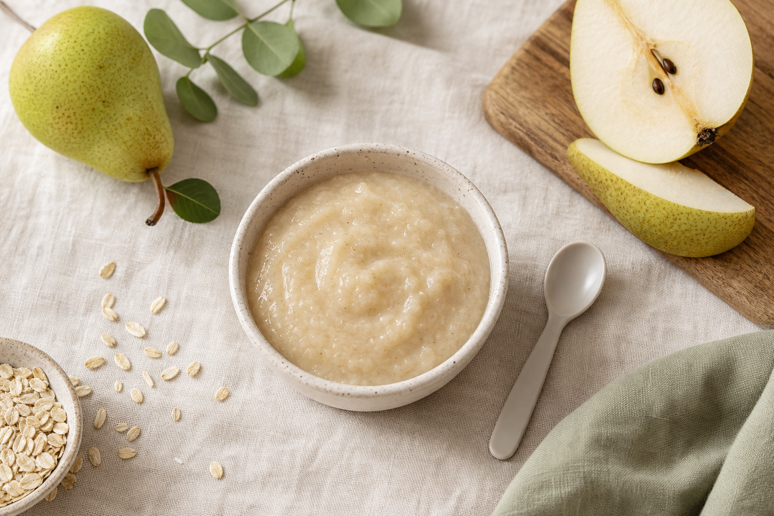 A bowl of pear oat baby puree with pear slices and a small spoon
